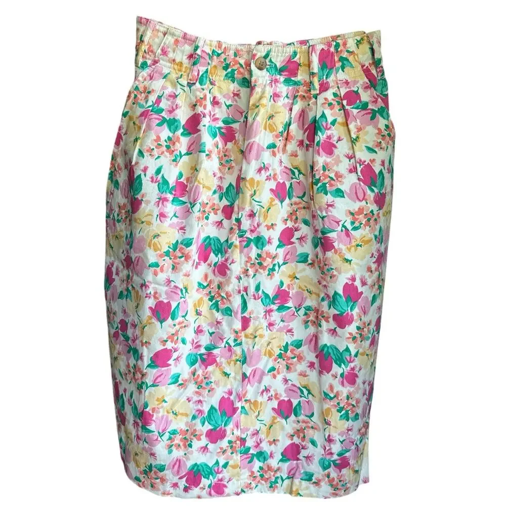 Vintage Hunt Club high waisted pleated floral, pockets, white, pink skirt size 8